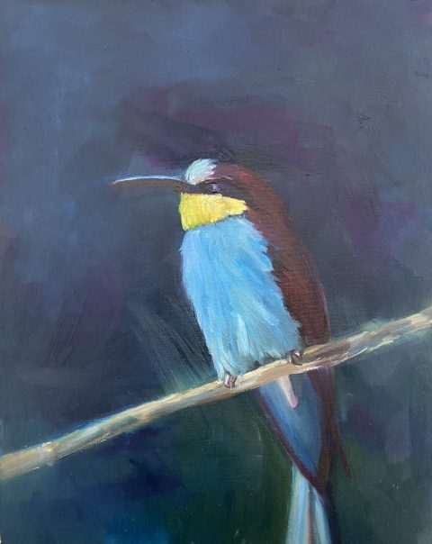 Bird with penis, oil on board, 30 x 24 cm