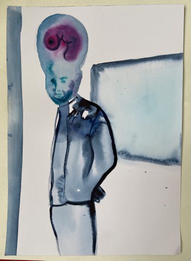 Mannetje met foetus - aquarel op papier - 29 x 21 cm